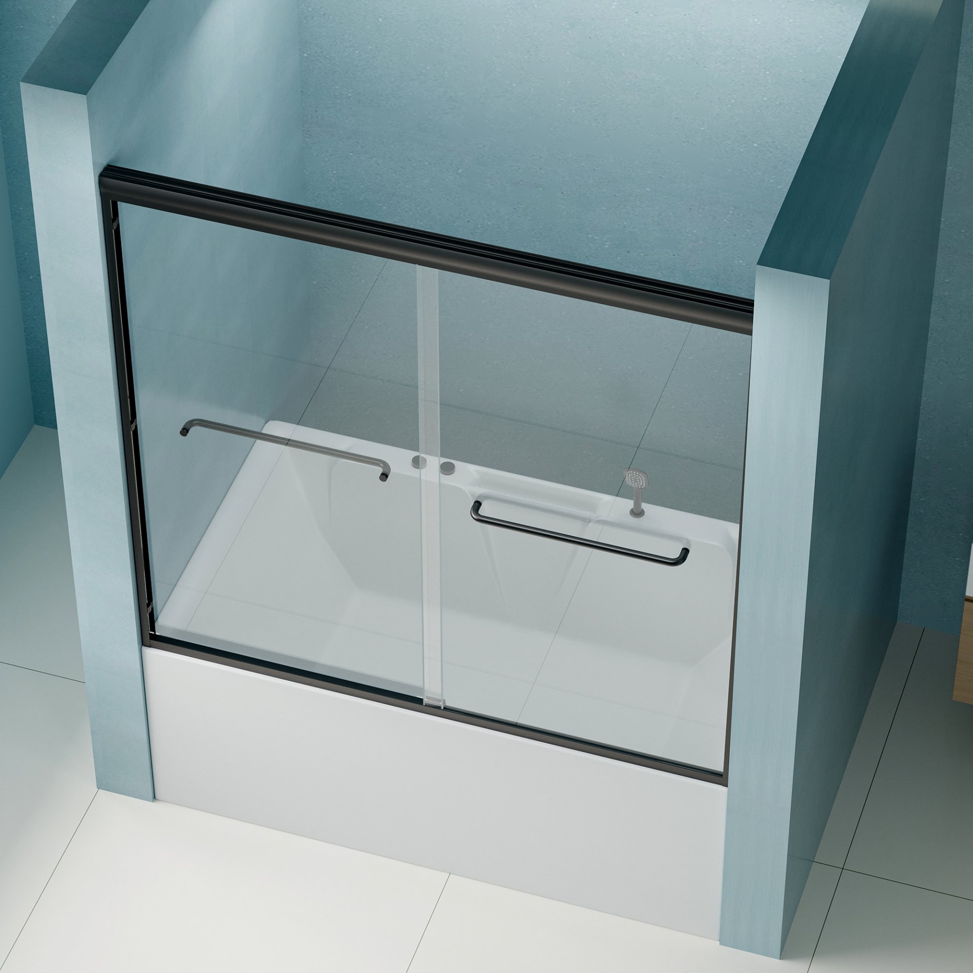 Double Sliding Bathtub Shower Door, Semi Frameless Bypass Tub Door, 1 / 4" (6Mm) Tempered Glass With Explosion - Proof Film, Adjustable Aluminum Alloy Frame - Matte Black - Image 10