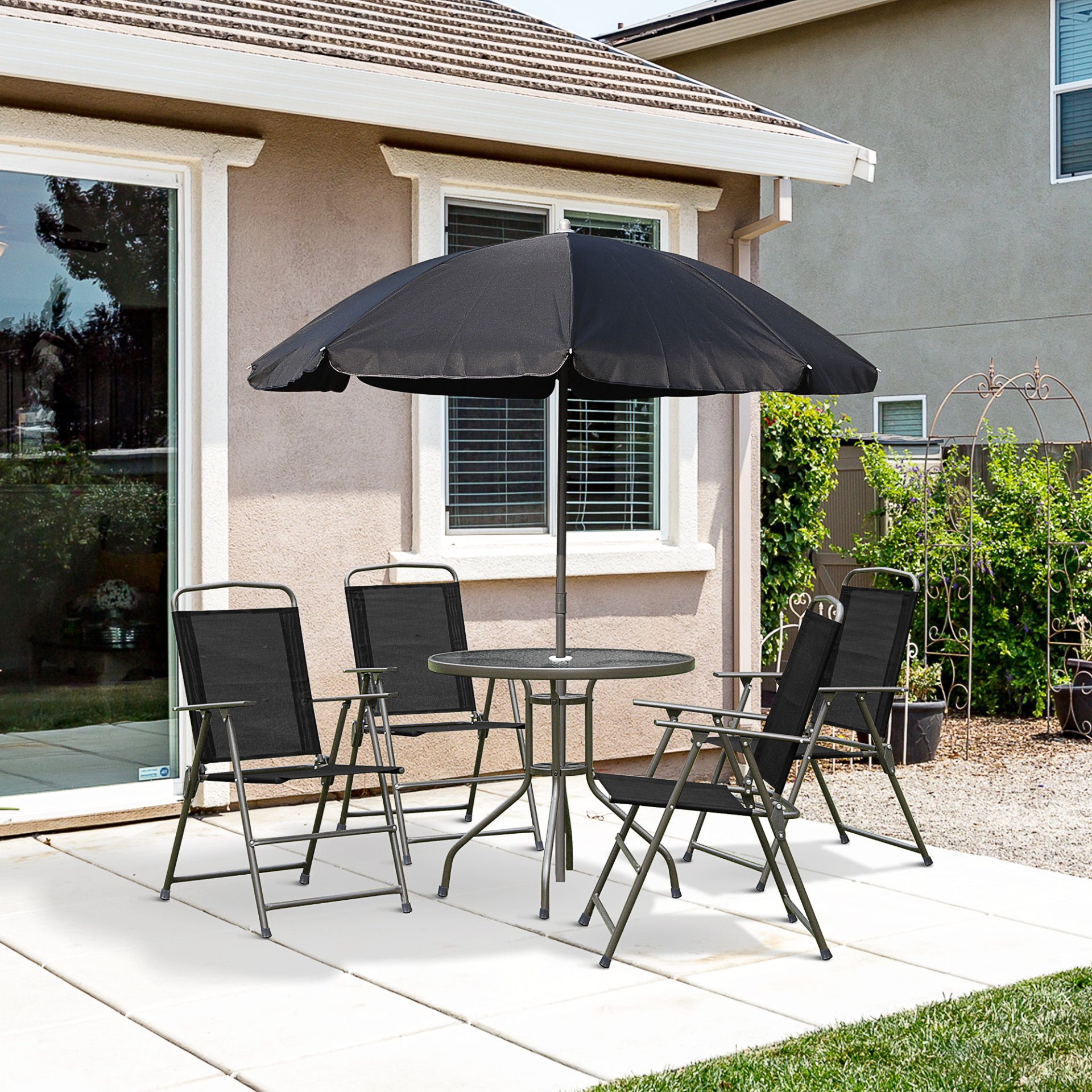 Outsunny - 6 Piece Patio Dining Set For 4 With Umbrella, Outdoor Table And Chairs With 4 Folding Dining Chairs & Round Glass Table For Garden, Backyard And Poolside - Black - Image 2