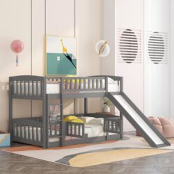 Twin Over Twin Low Bunk Bed With Slide, Fence And Ladder - Gray