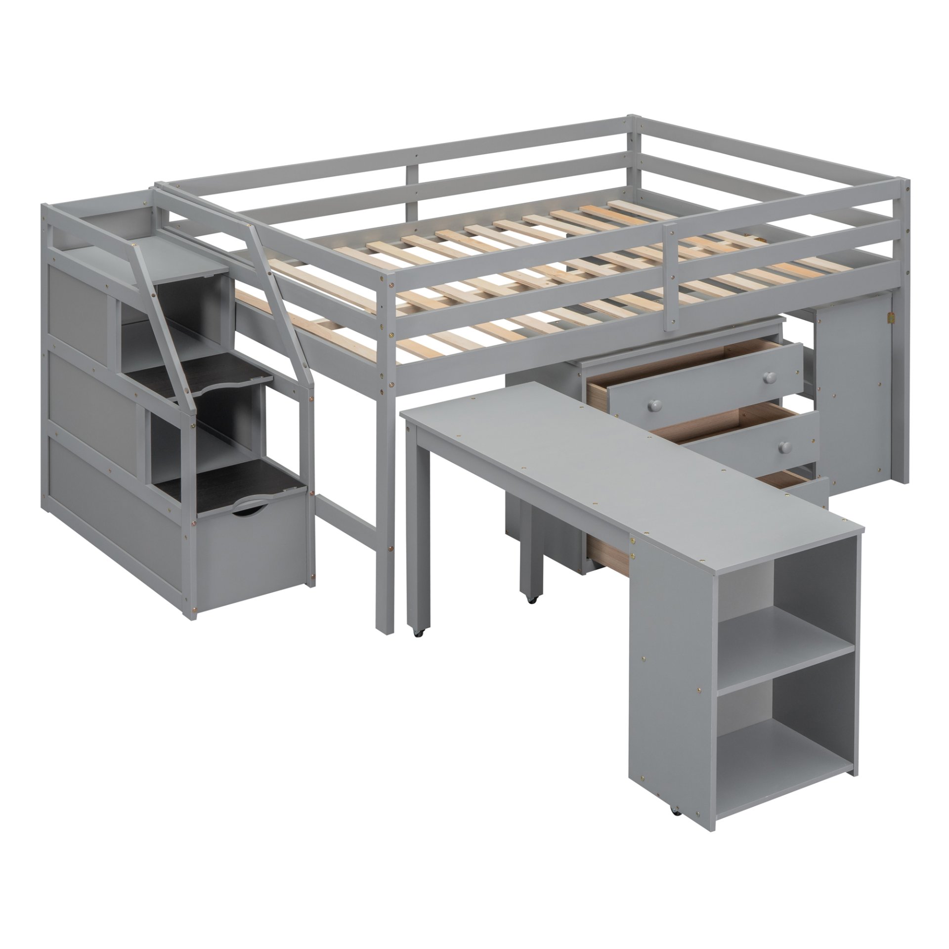 Full Size Loft Bed With Retractable Writing Desk And 3 Drawers With Storage Stairs And Shelves - Gray - Image 8