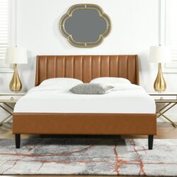 Aspen - Queen Vertical Tufted Modern Headboard Platform Bed Set - Caramel Tan Brown