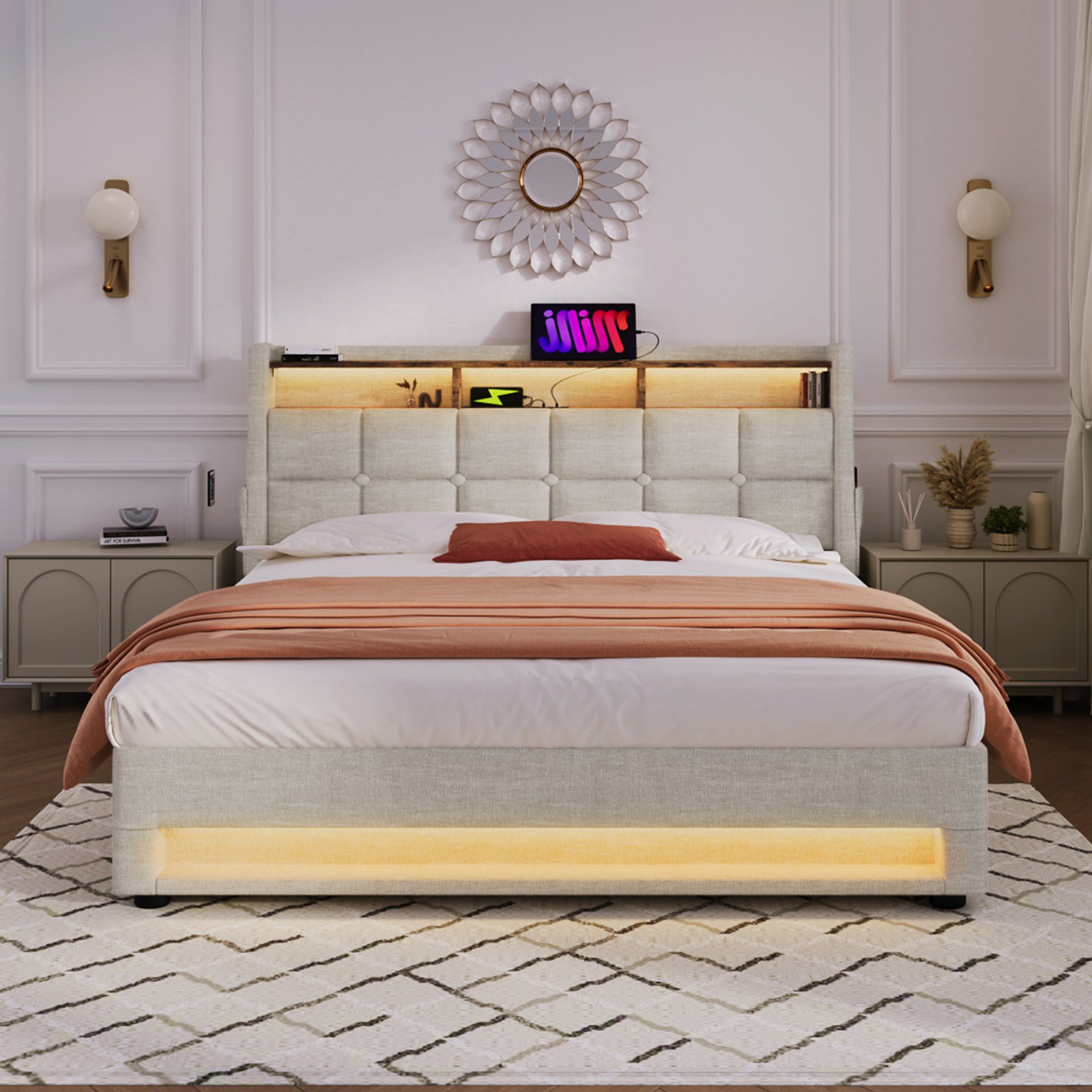 Full Size Upholstered Platform Bed With A Hydraulic Storage System, LED And USB Charging (Without Mattress) - Natural - Image 3