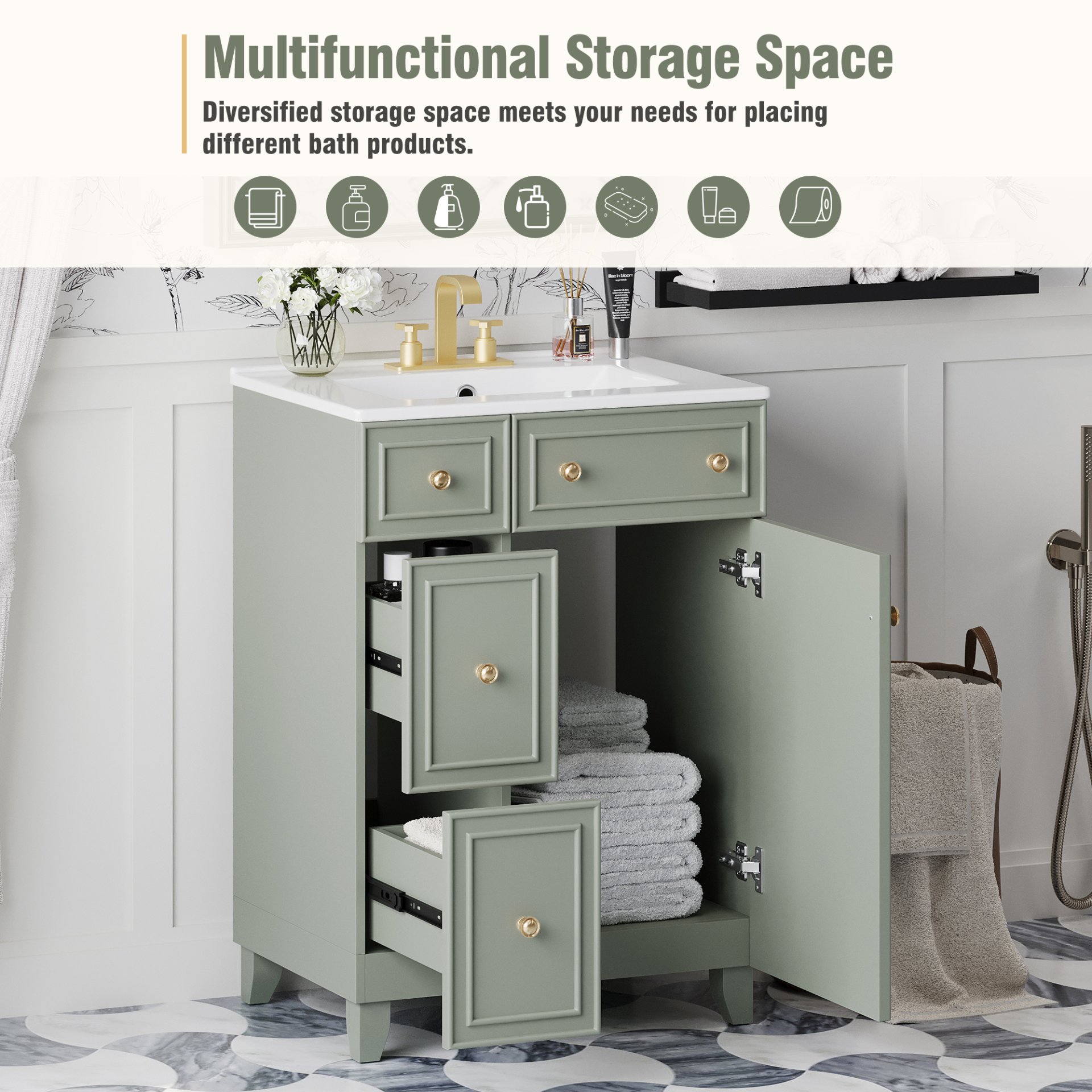 24" Bathroom Vanity Cabinet With Sink - Green - Image 7