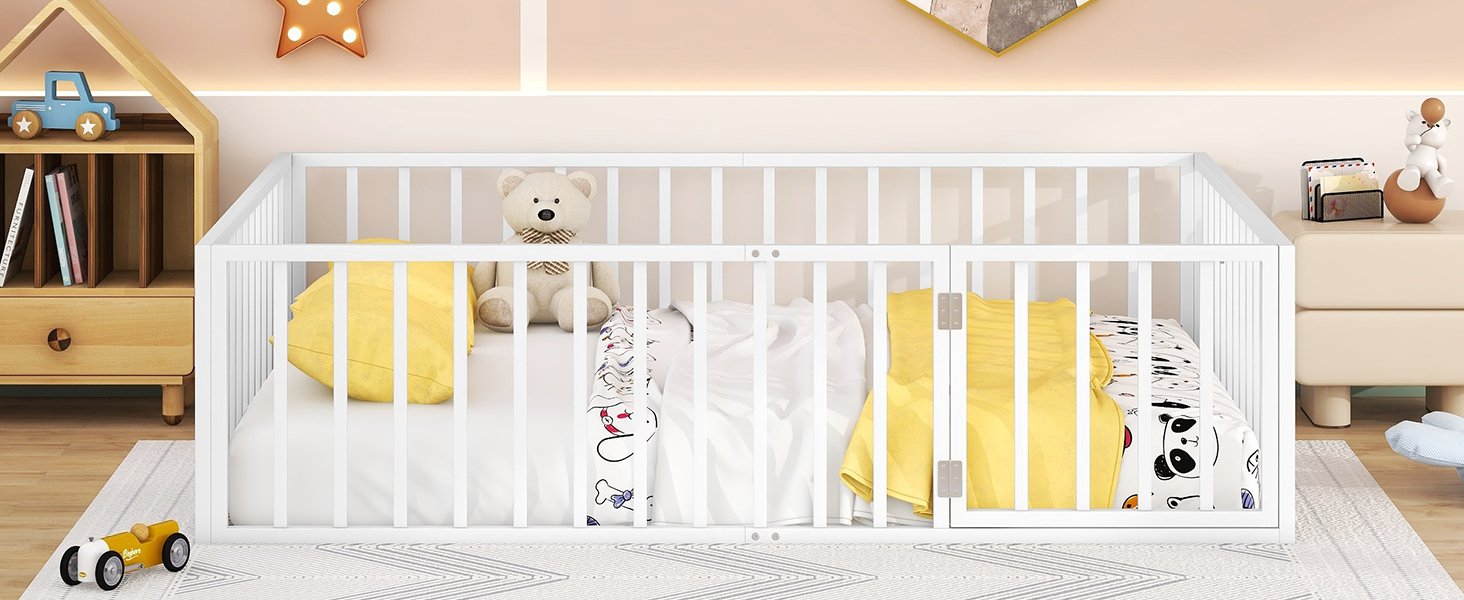 Queen Size Floor Bed Frame With Fence And Door - White - Image 16