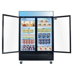 Glass Door Merchandiser Freezer 44.7 Cu.Ft Swing Door Commercial Reach-In Display Freezers With LED Top Panel Upright Freeze Storage - Black