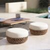Willow - Round Upholstered Woven Patio Ottoman, Wicker Frame - Wheat Beige / Golden Brown - Image 7