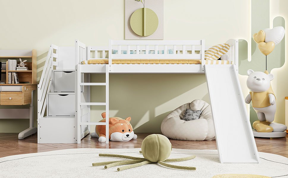 Twin Size Loft Stairway Bed With 2 Drawers And Slide - White - Image 17