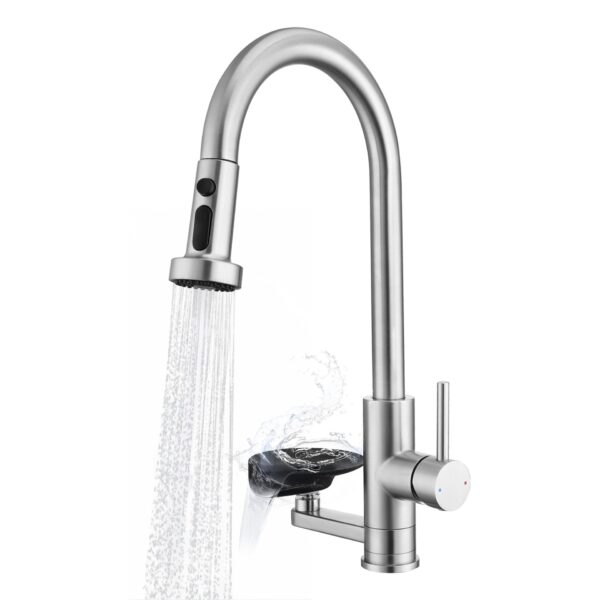 3 In 1 Kitchen Faucet With Press Type Glass Rinser, High Arc Pull Down Sprayer, 3 Function Spray Mode - Brushed Nickel