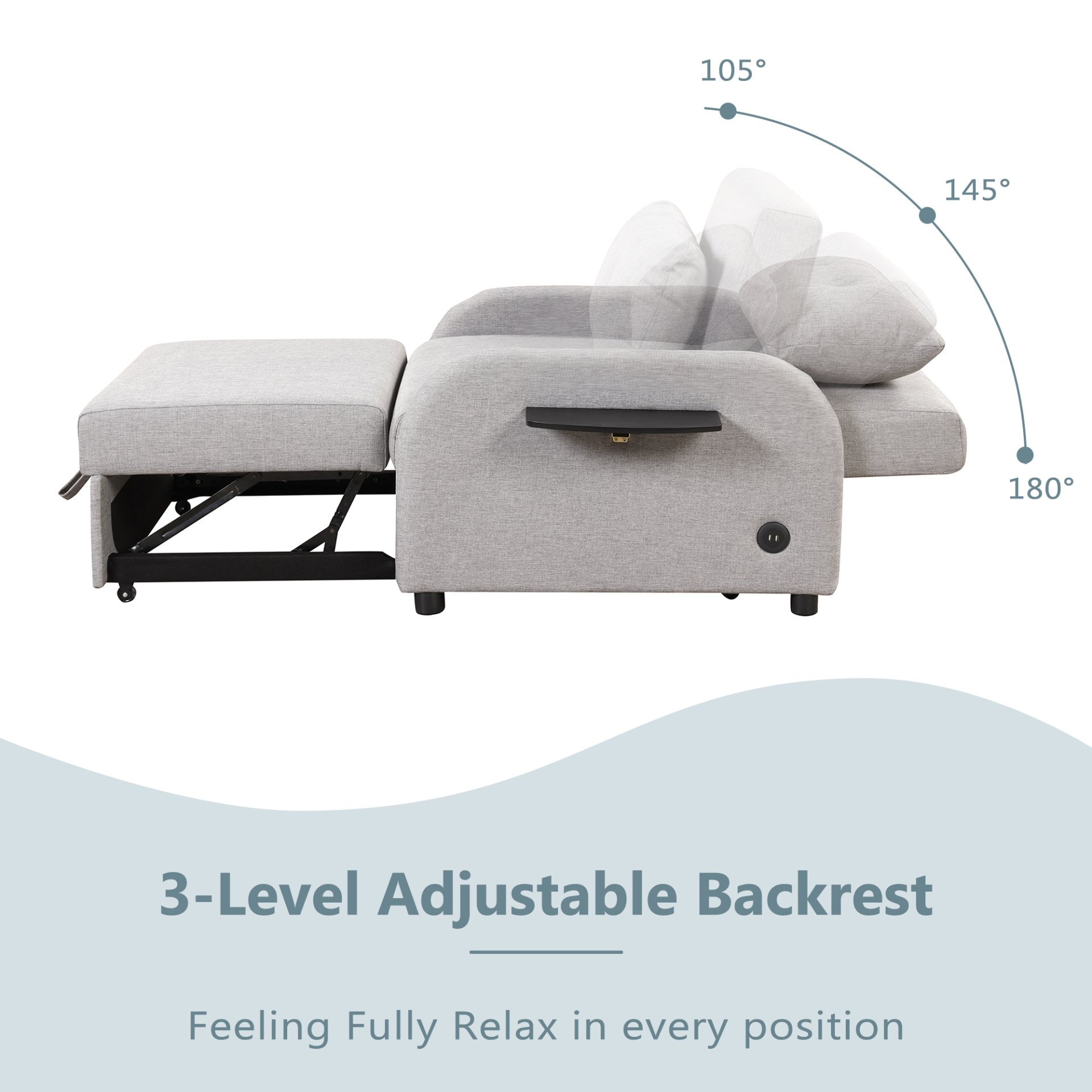 3 In 1 Pull Out Sofa Sleeper With Wing Table And USB Charge - Gray - Image 6