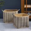 Square Palm Leaf Woven Wicker Storage Basket With Handles (Set of 2) - Back / Brown - Image 2