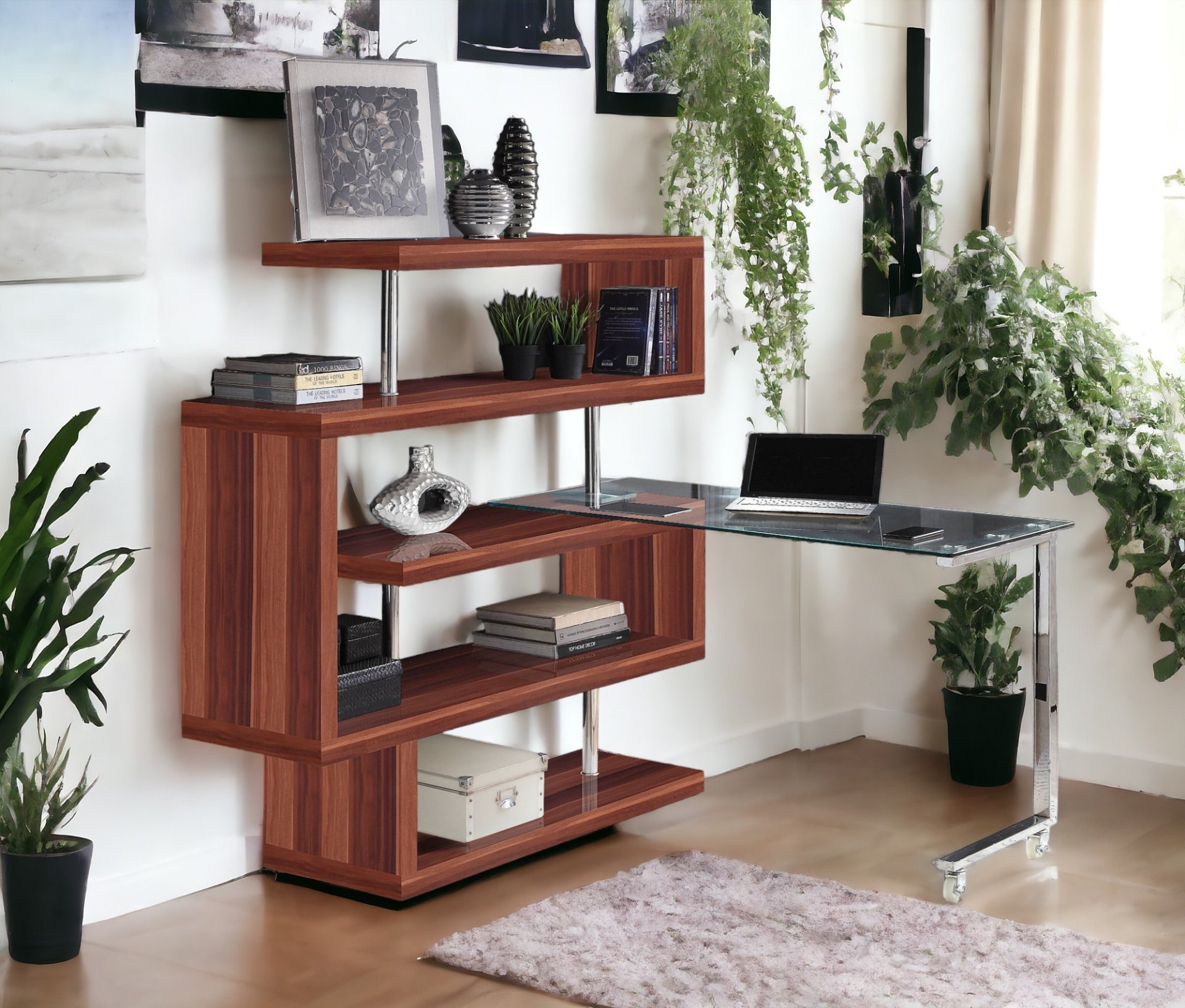 Buck II - Clear Glass, Chrome High Gloss Writing Desk With Shelf - Walnut - Image 8