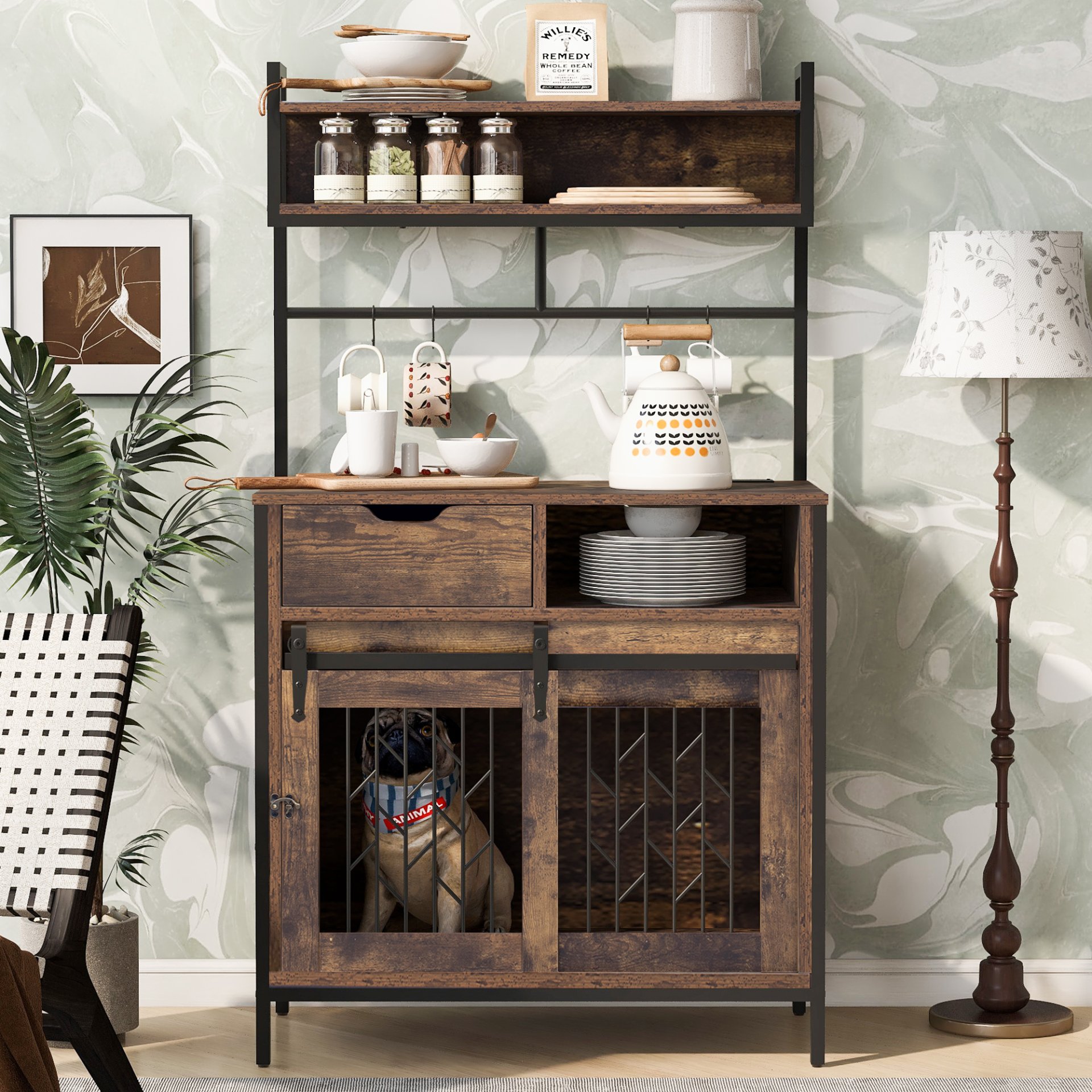 Furniture Style 2 In 1 Pet Friendly Dog Crate Composite Desk Hutch - Rustic Brown - Image 16