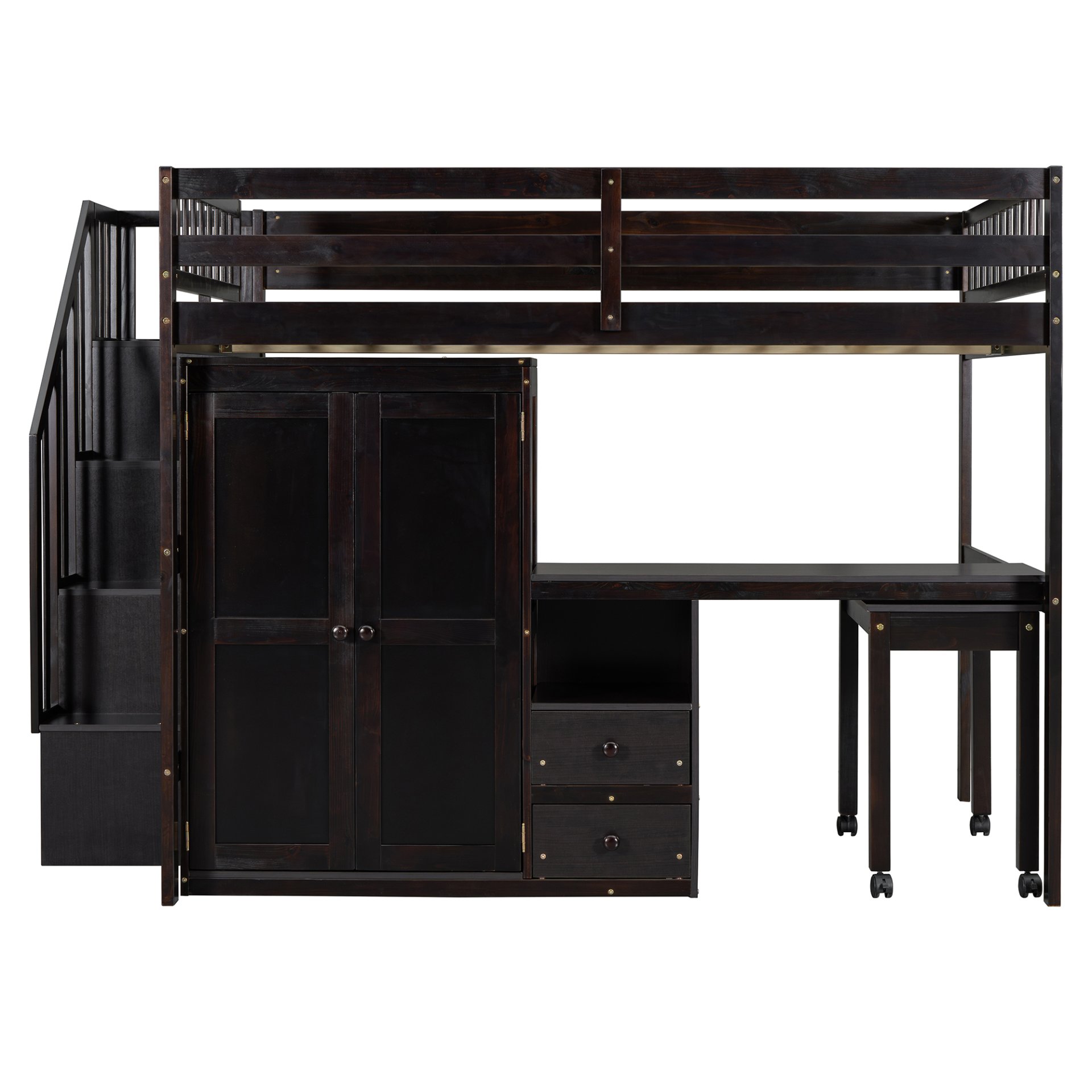 Full Size Loft Bed With Stairs, Bookshelf, Drawers, Desk & Wardrobe, Space Saving Multifunctional Furniture - Espresso - Image 19