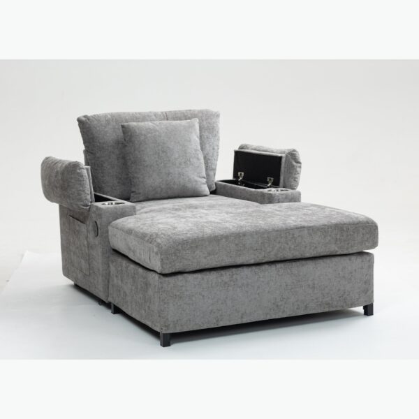 Modern Oversized Chair & Ottoman, Chenille Fabric Sofa Bed, Accent Chair Comfy Sofa With Cupholders And USB Charging Ports Chair For Living Room, Bedroom, Apartment - Gray