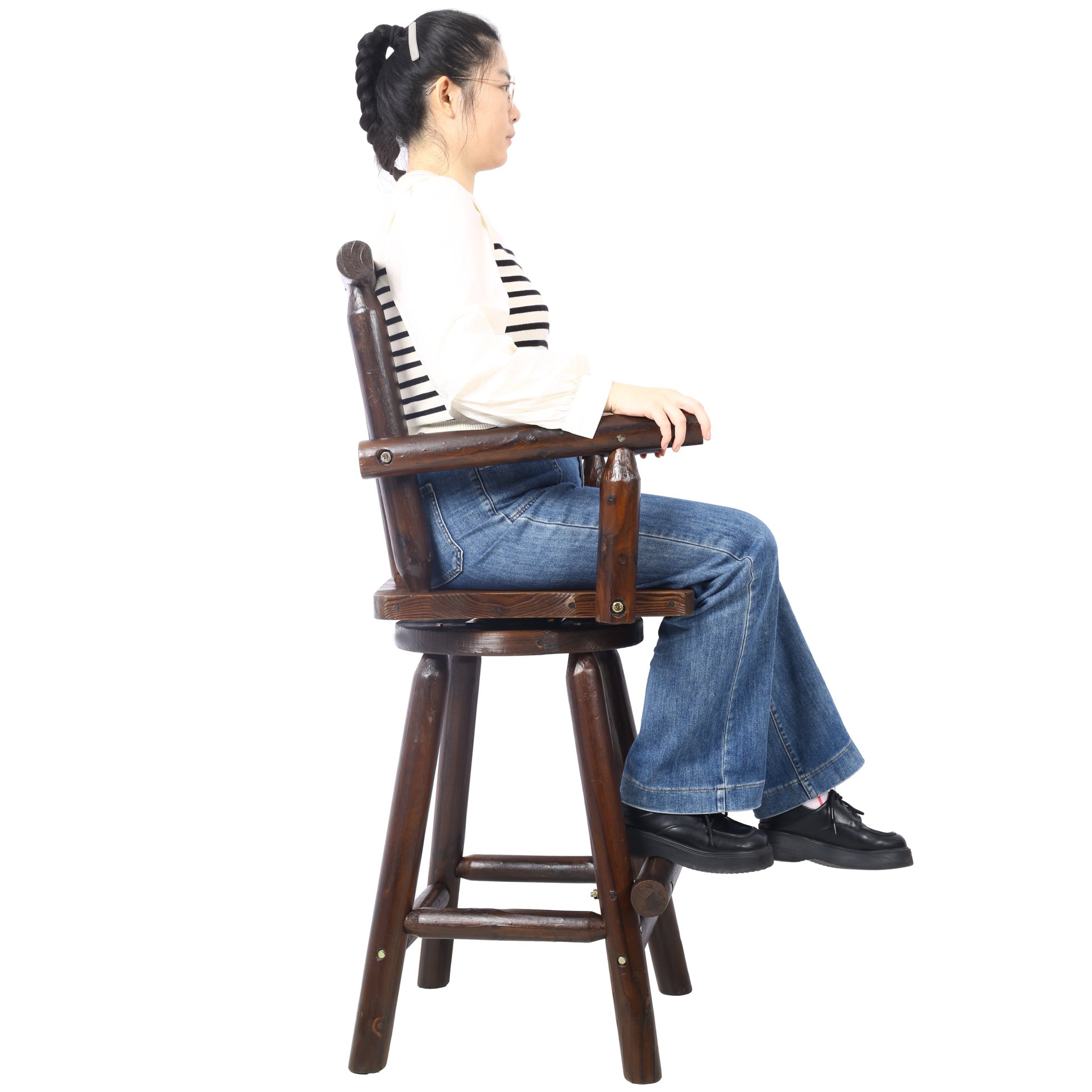 Rustic Bar Stool Fir Wood Construction, Chair With Footrest, Wide Armrest, Rustic Kitchen Stool, Tall Bistro Chair For Dining Room, Restaurant, Pub, 4 Foot - Brown - Image 21