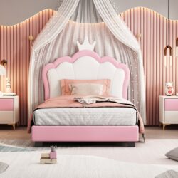 Twin Size Upholstered Princess Bed With Crown Headboard, Twin Size Platform Bed With Headboard And Footboard - White / Pink