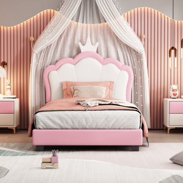 Twin Size Upholstered Princess Bed With Crown Headboard, Twin Size Platform Bed With Headboard And Footboard - White / Pink