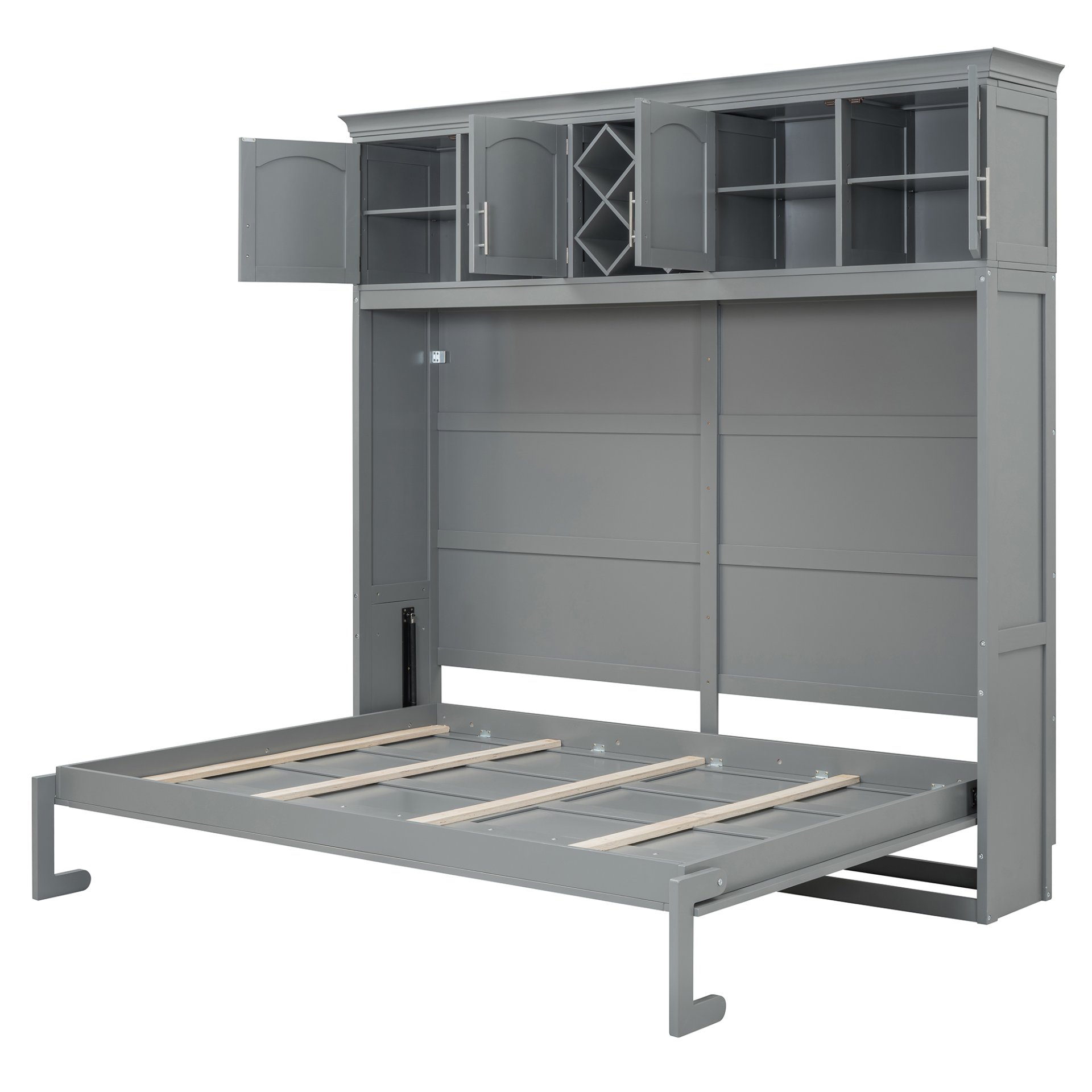Queen Size Murphy Wall Bed With Top Cabinets & Wine Rack - Gray - Image 6