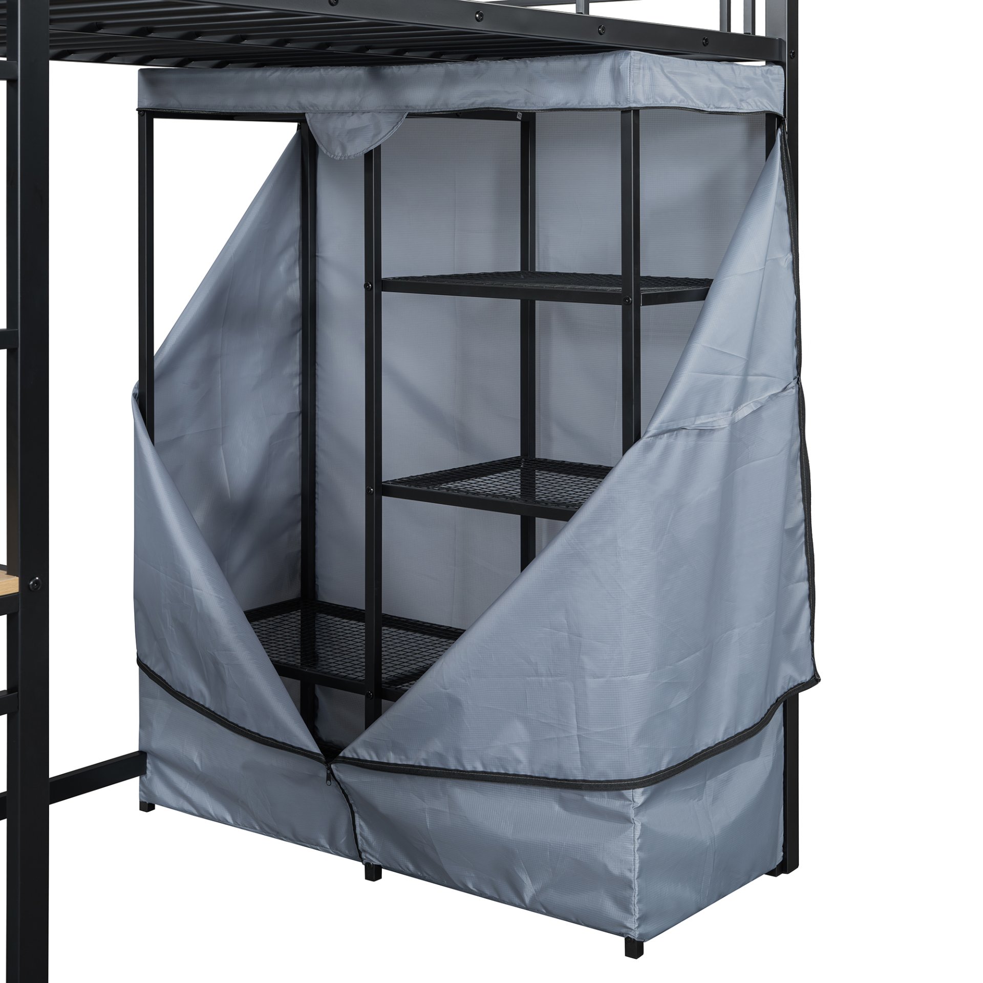 Twin Size Loft Bed With Desk, Shelves, Power Outlet, LED Light And Wardrobe - Black - Image 5