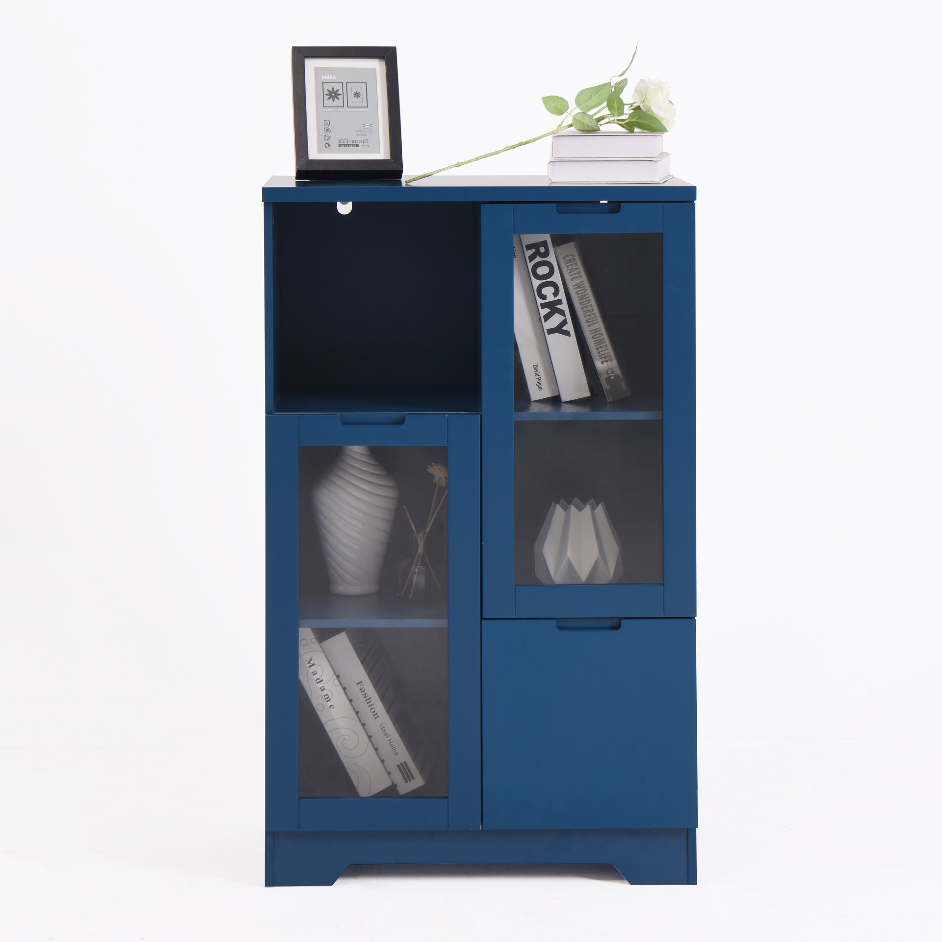 Painted Cabinet With Glass Doors, Drawer, And Open Storage Space For Bedroom And Living Room - Navy Blue - Image 23