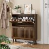 Medieval - Modern Shoe Storage Cabinet With 2 Flip Drawers And Fence Design - Walnut - Image 2