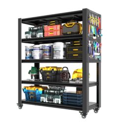 Heavy Duty 5 Tier Adjustable Metal Shelving Unit With Pegboard And Wheels For Multipurpose Storage - Black