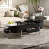 Lift Top Coffee Table With 360 Degree Marble Patterned Rotating Tray, Hidden Compartment, Partially Assembled Wooden Center Table, Modern Oval Lift Tabletop For Home Living Room - Black - Image 2