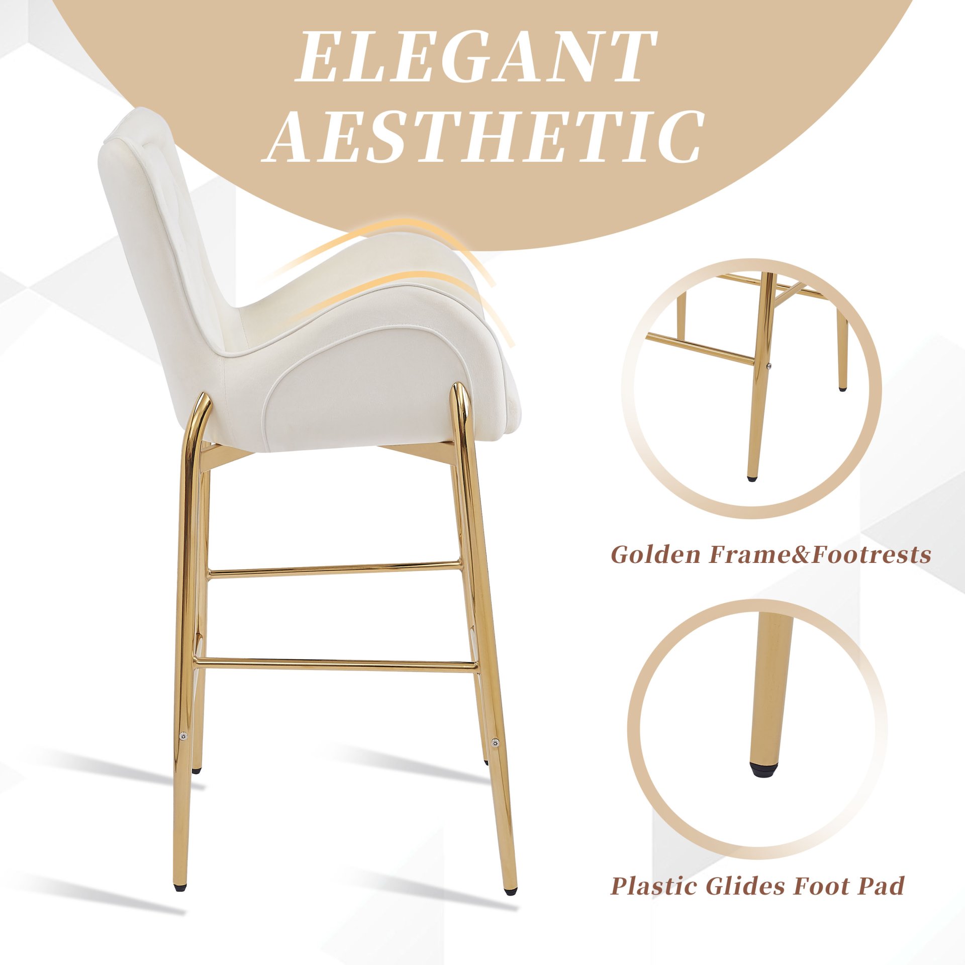 Velvet Counter Height Bar Stools (Set of 2) With Golden Legs And Footrests - White - Image 4
