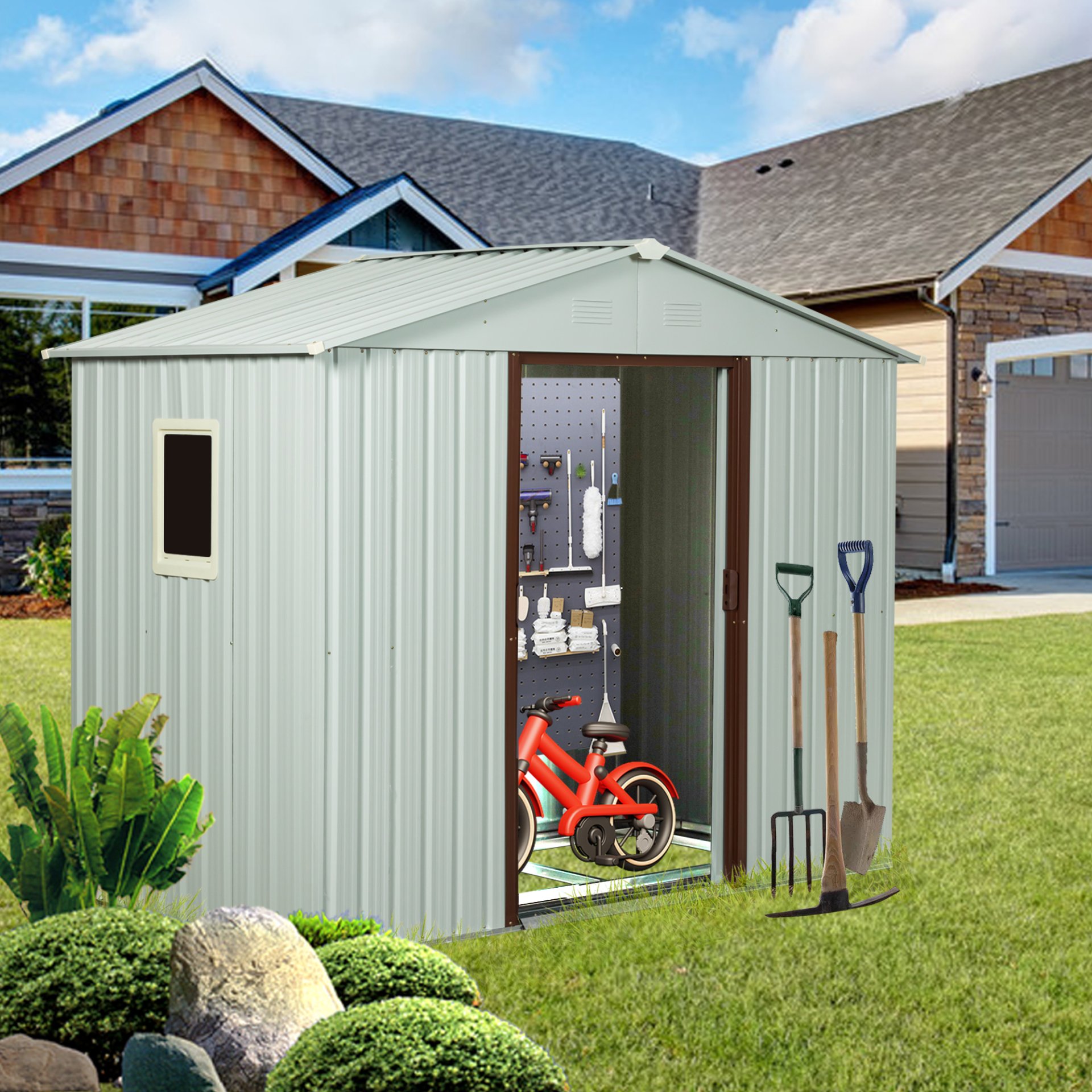 88.98" Outdoor Metal Storage Shed With Window - White - Image 5