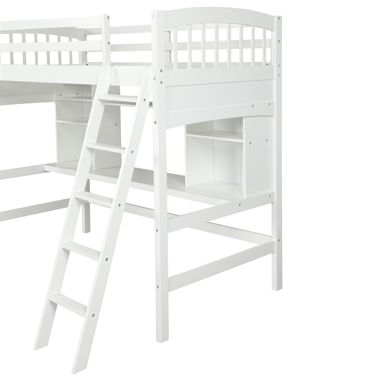 Twin Size Loft Bed With Storage Shelves, Desk And Ladder - White - Image 11