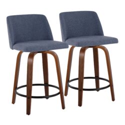 Toriano - Mid-Century Modern Fixed Height Counter Stool & Swivel With Round Footrest (Set of 2) - Walnut / Blue