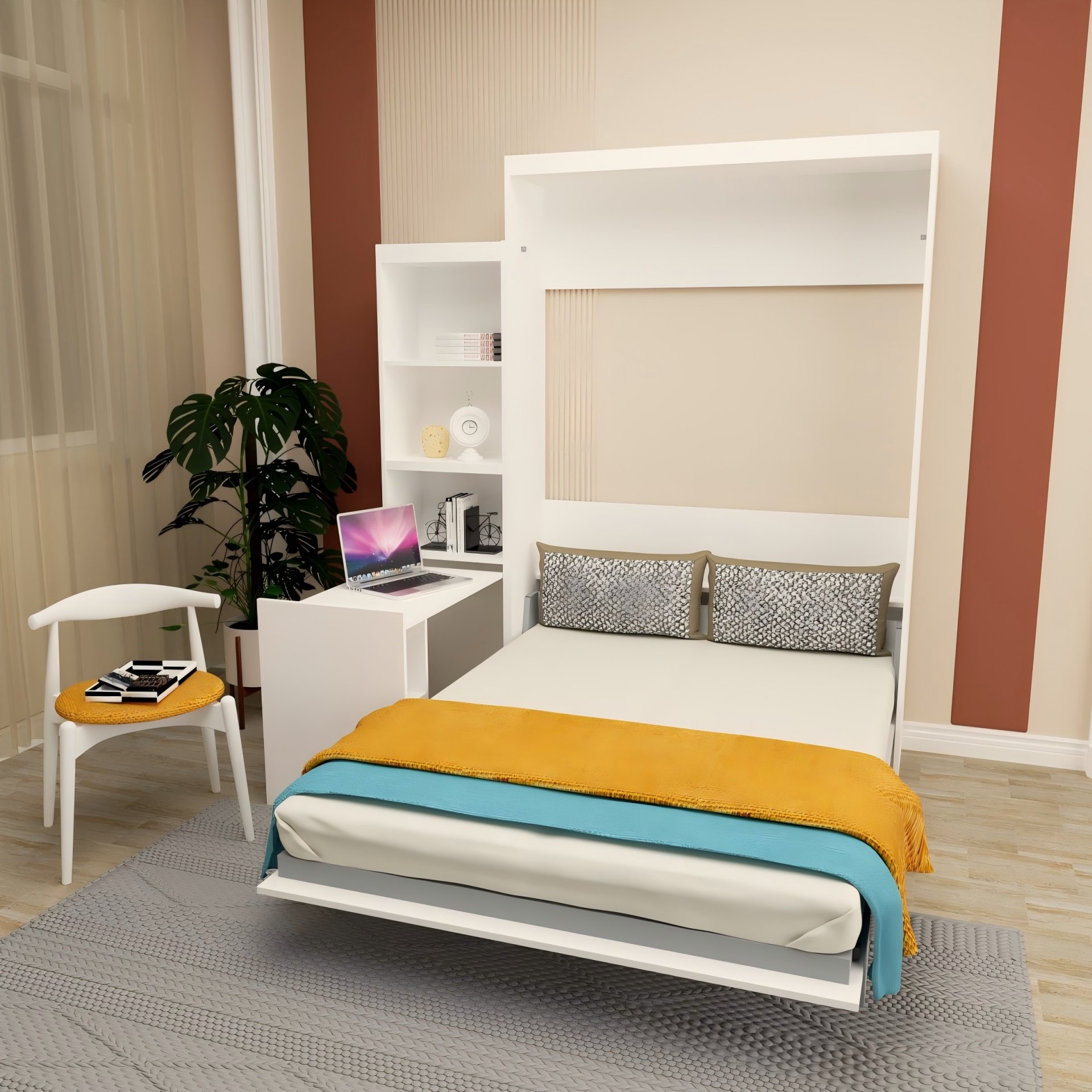 Queen Size Morden Deisgn Big Size Vertical Murphy Bed With Table And Shelf For Bedroom Or Guestroom Wall Bed Space Saving Hidden Bed With New Style Gas Struts - White - Image 2