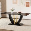 Modern Minimalist Luxurious Imitation Marble Dining Table Rectangular Office Desk With Tempered Glass - Black - Image 5