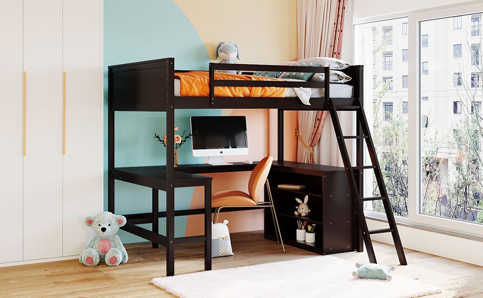 Full Size Loft Bed With Shelves With Desk - Espresso - Image 21
