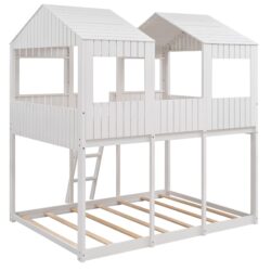 Full Over Full Bunk Bed With Roof, Window, Guardrail, Ladder - White