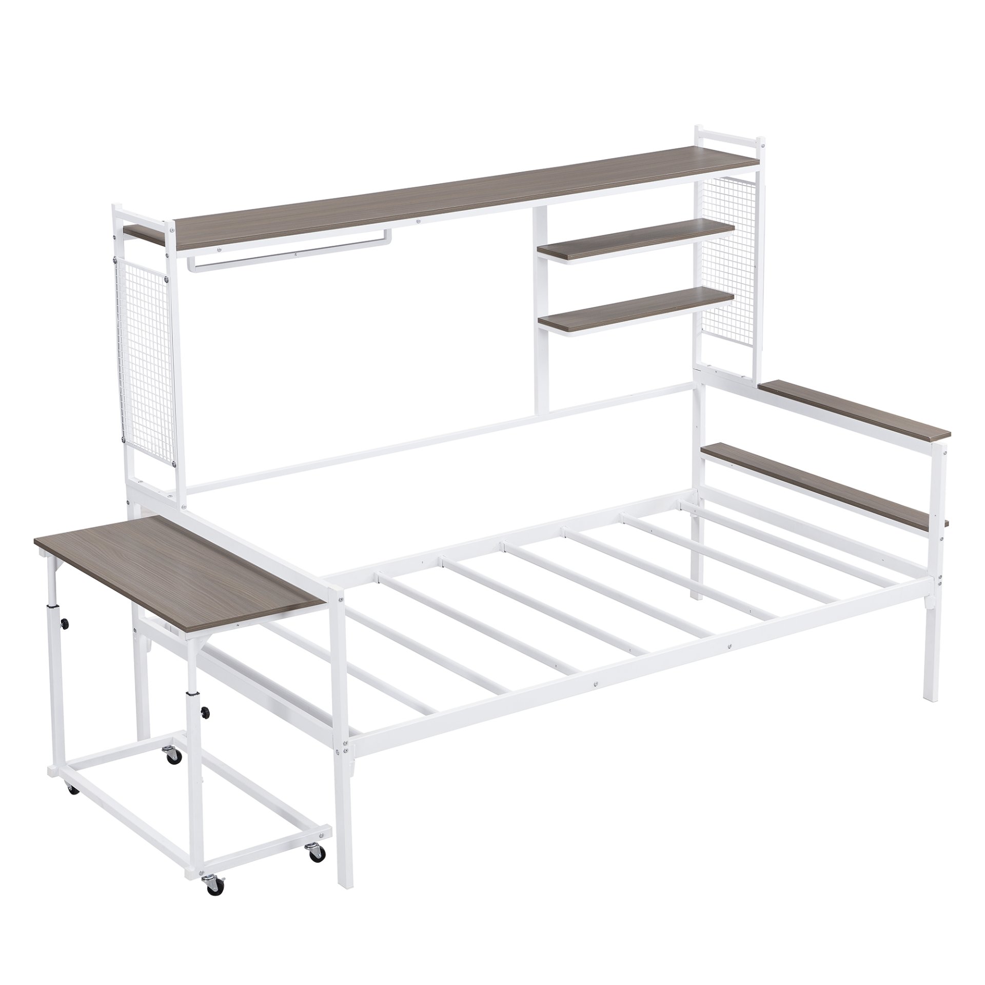 Twin Size Daybed With Movable Desk, Grid, Shelves And Clothes Hanger - White - Image 3