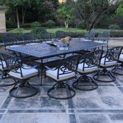 Rectangular 12 Person 108.07" Long Dining Set With Sunbrella Cushions With Swivel And Rocking Chairs - Gray / Ivory