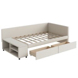 Twin L Shaped Upholstered Platform Bed With Storage And Drawers - Beige
