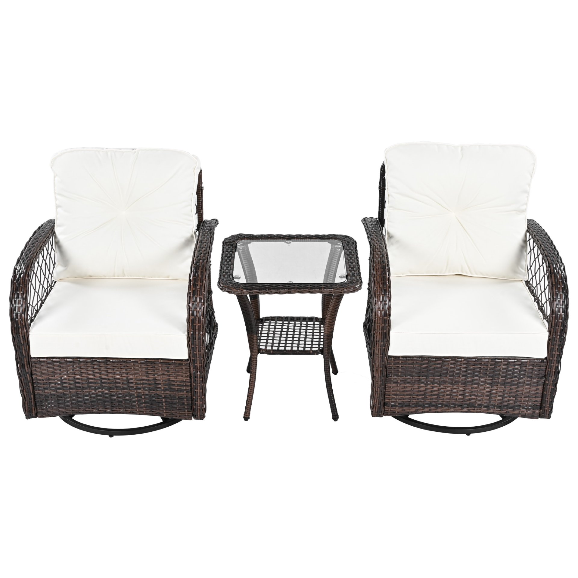 3 Piece Outdoor Chair & Table Set Chat Set 2 Person Rattan Seating Group With 2 Swiveling And Rocking Chairs And A Square Table For Garden, Patio, Or Balcony - Brown - Image 12