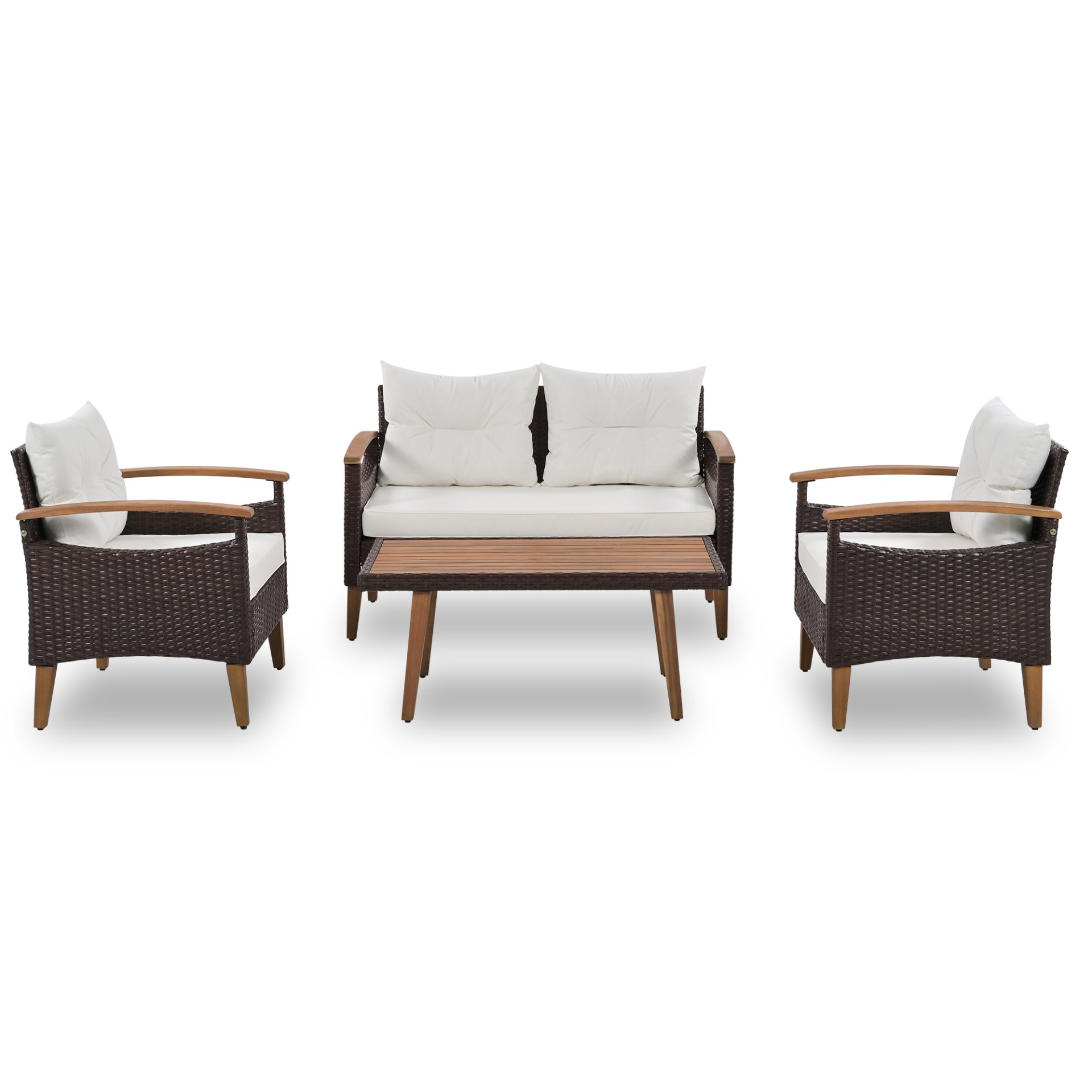 4 Piece Garden Furniture, Patio Seating Set, Outdoor Sofa Set, Wood Table And Legs - Brown / Beige - Image 4