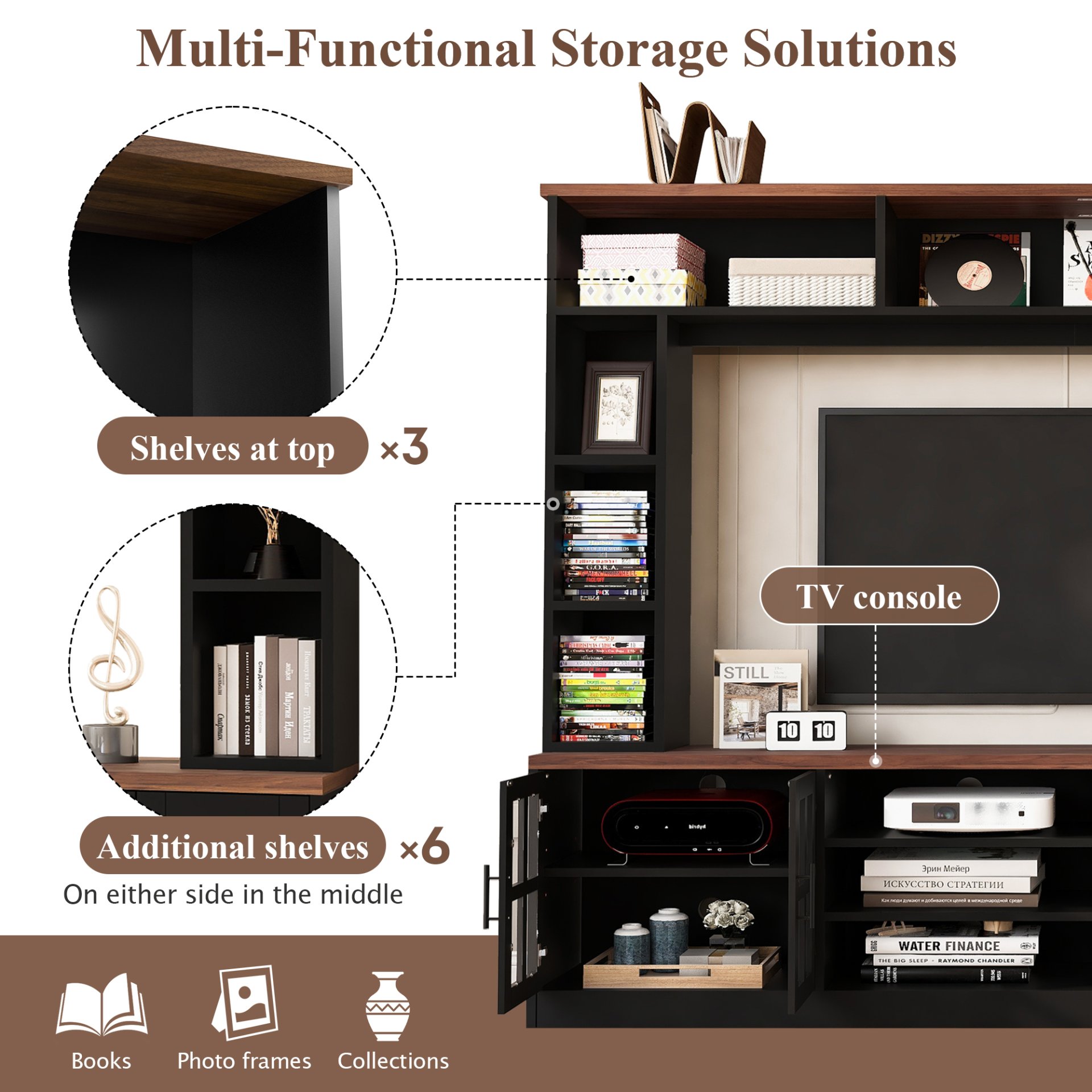 Wall Unit Entertainment Center With Bookshelves For TVs Up To 80", Modern TV Stand Media Console With Cabinets, Tempered Glass Doors And Adjustable Shelves For Living Room - Black - Image 6