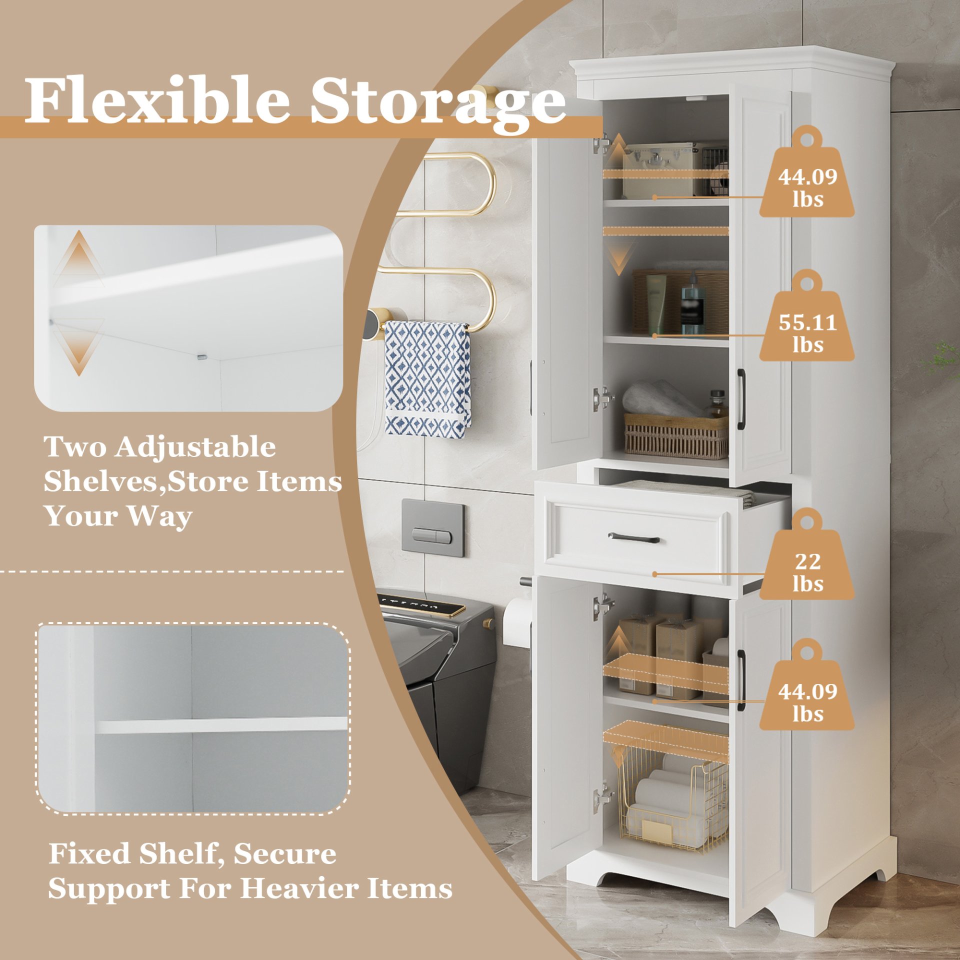 Freestanding Bathroom Vanity, Elegant Design With 4 Doors & 1 Drawer, Adjustable Shelves, Damping Hinges - White - Image 8