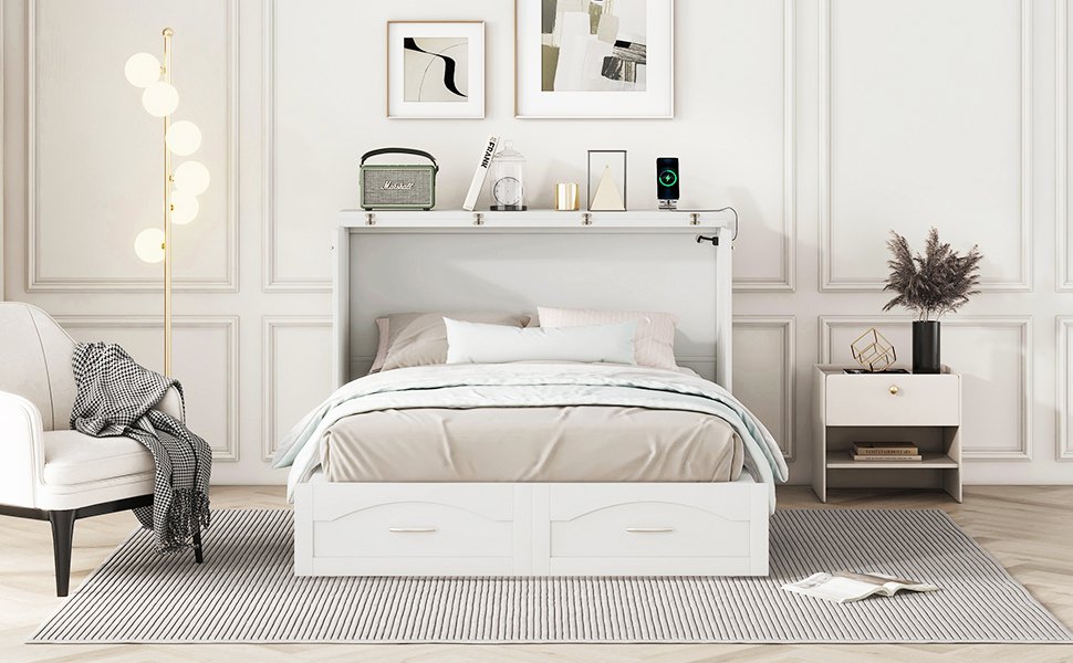 Full Size Murphy Wall Bed With Drawer And A Set Of Sockets & USB Ports, Pulley Structure Design - White - Image 13