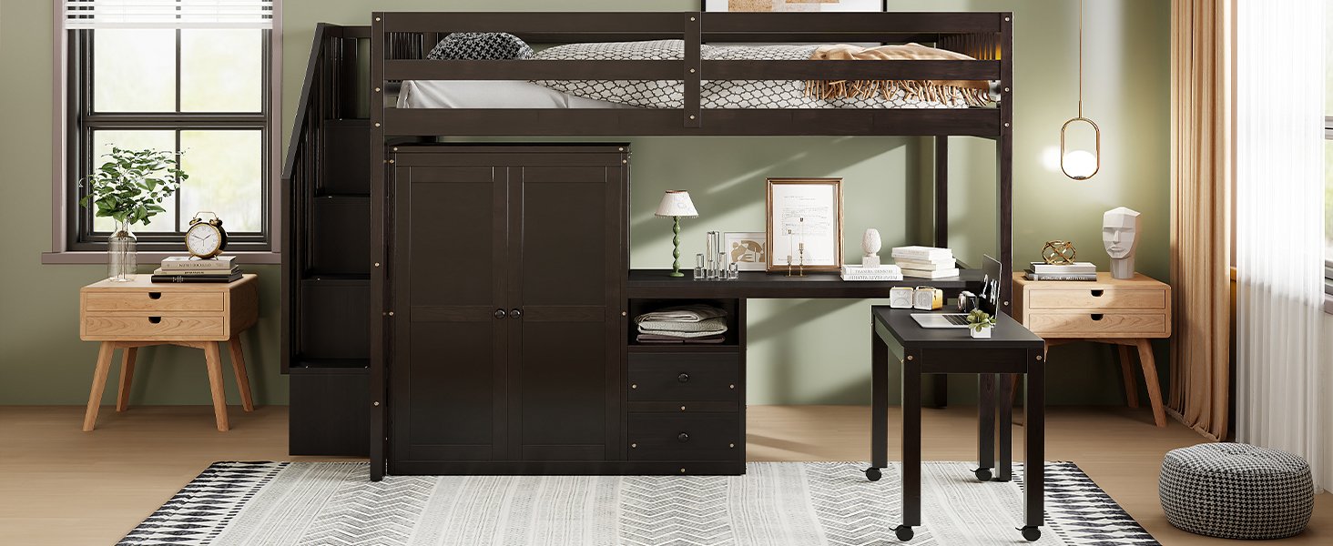 Full Size Loft Bed With Stairs, Bookshelf, Drawers, Desk & Wardrobe, Space Saving Multifunctional Furniture - Espresso - Image 22