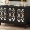 Modern Mirrored TV Stand For TV Up To 55", Entertainment Center Solid Wood Legs, Metal Handle And 3 Adjustable Shelves For Living Room - Black - Image 5