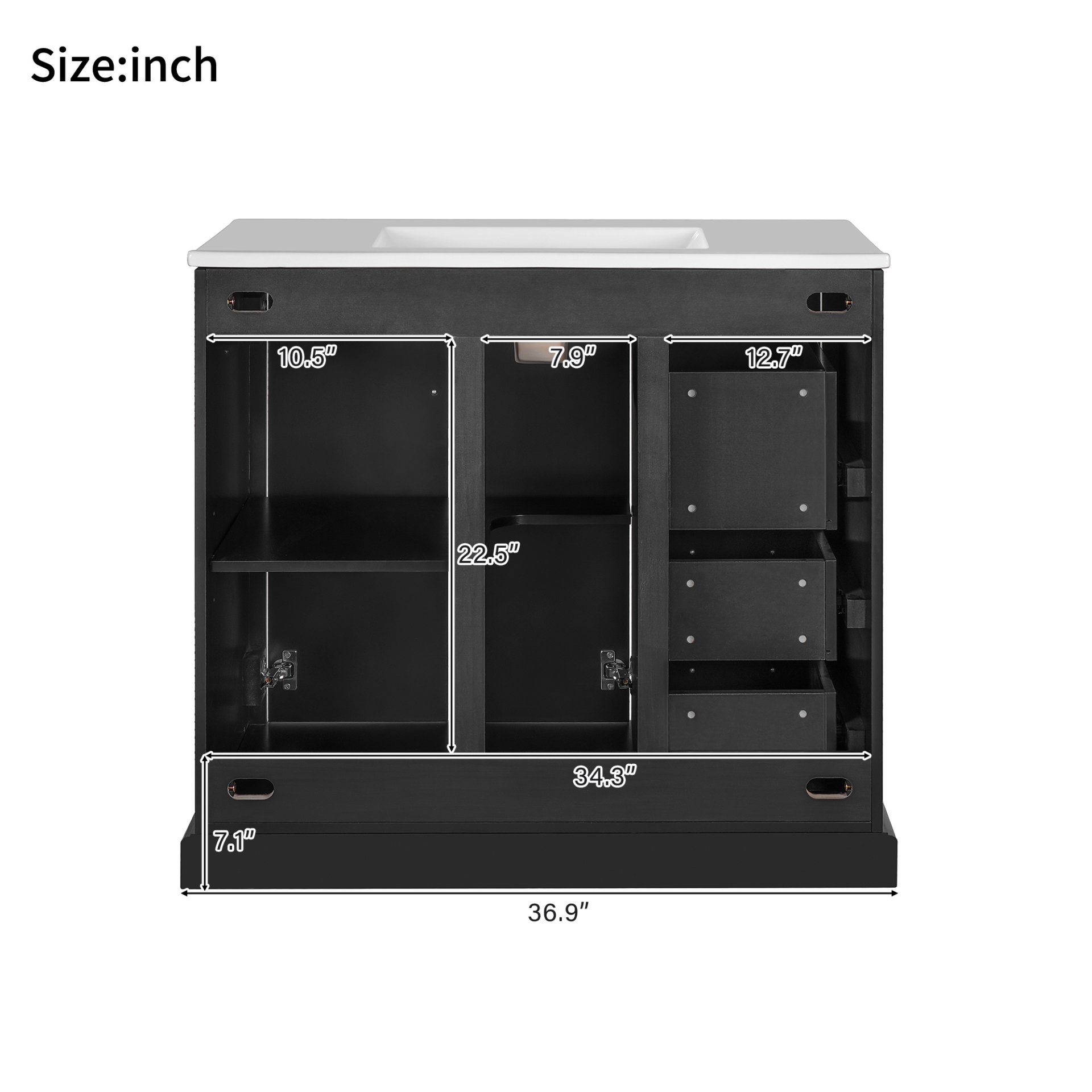 36" Bathroom Vanity With Sink, Soft Close Doors, Adjustable Shelf & 3 Drawers - Black - Image 11