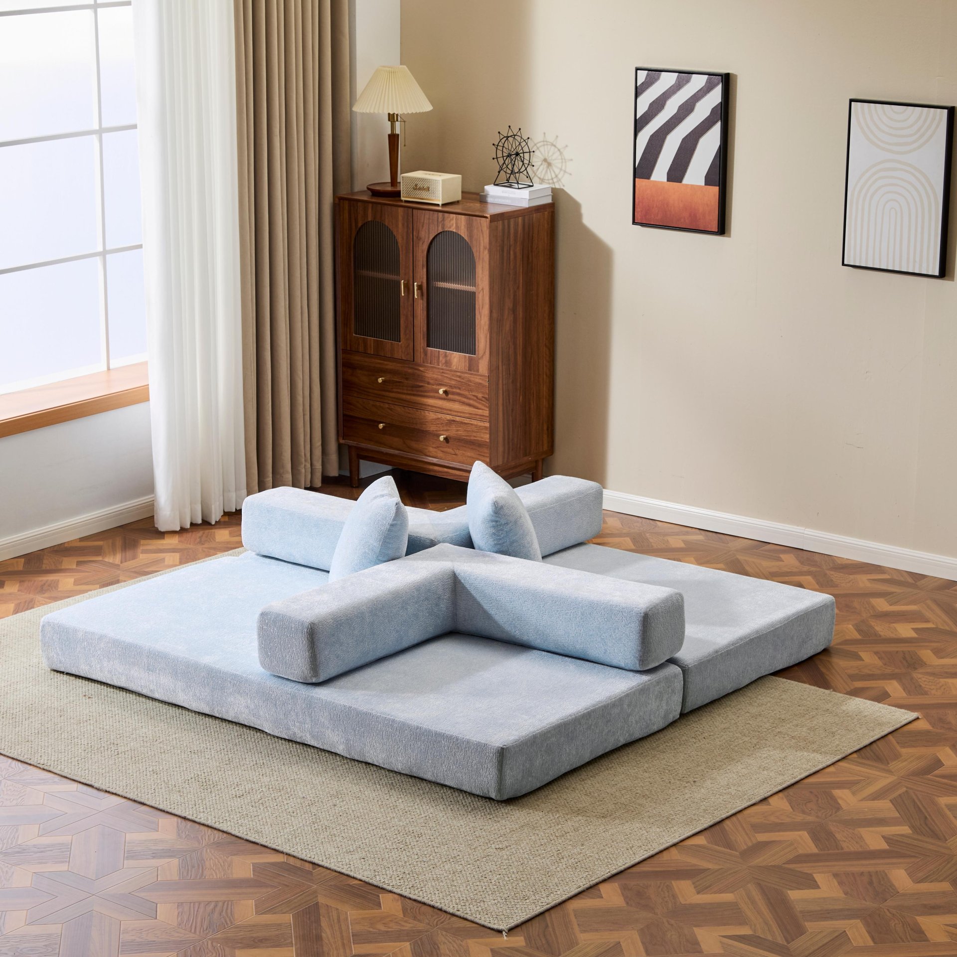 Floor Couch, Compression Sofa, Convertible Floor Sofa Bed With Pillow Back Support Armrest - Light Blue - Image 13