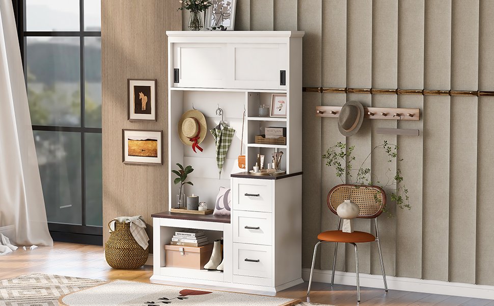 Modern Entryway Bench With Coat Rack, 3 Shelves And Drawers, 3 Sturdy Hooks, Wide Hall Tree With Storage Bench For Hallway - White - Image 3