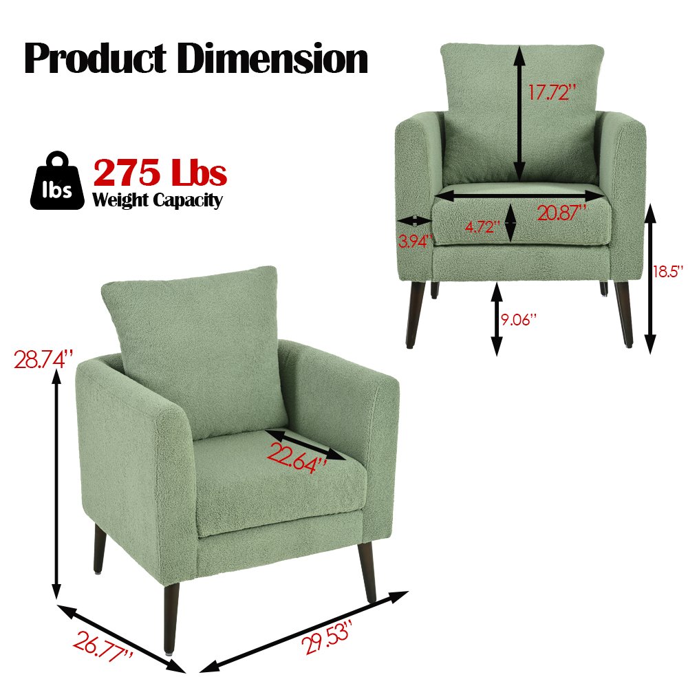 Modern Accent Chair, Upholstered Armchair For Living Room, Mid Century Fabric Lounge Chair With Pillow, Comfortable Reading Chair With Wood Legs For Living Room, Reception Room - Light Green - Image 4
