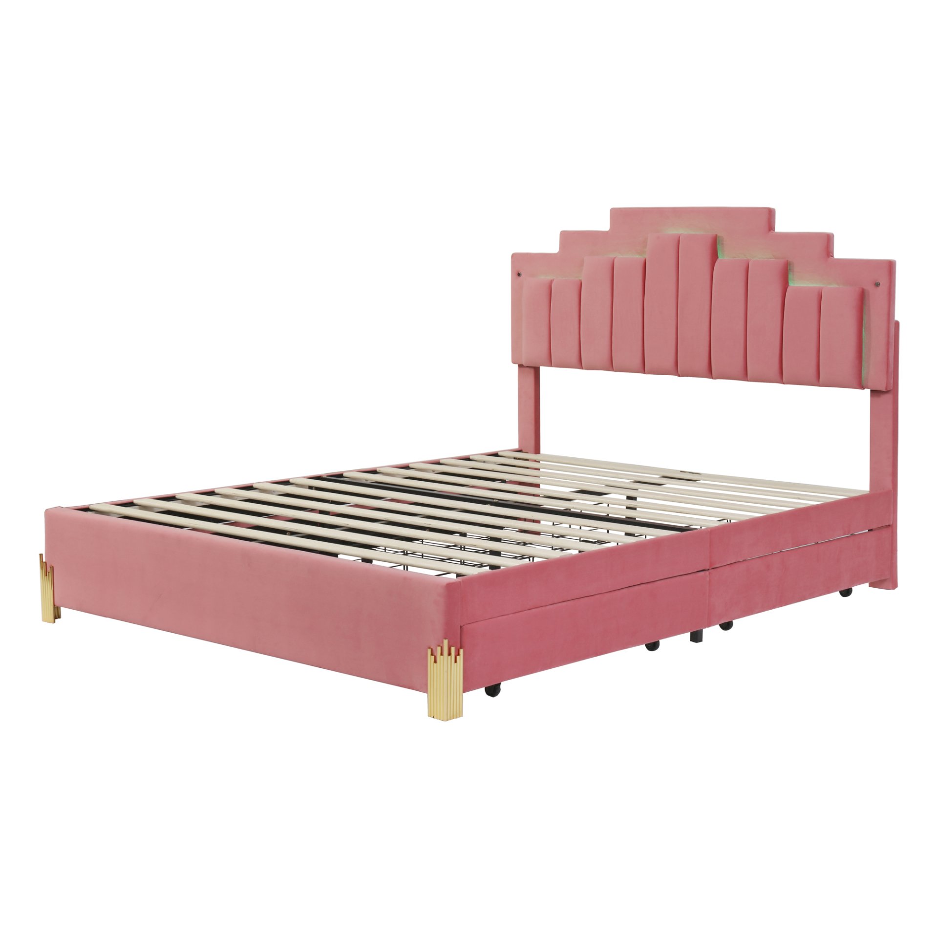 Queen Size Upholstered Platform Bed With LED Lights And 4 Drawers, Stylish Irregular Metal Bed Legs Design - Pink - Image 7